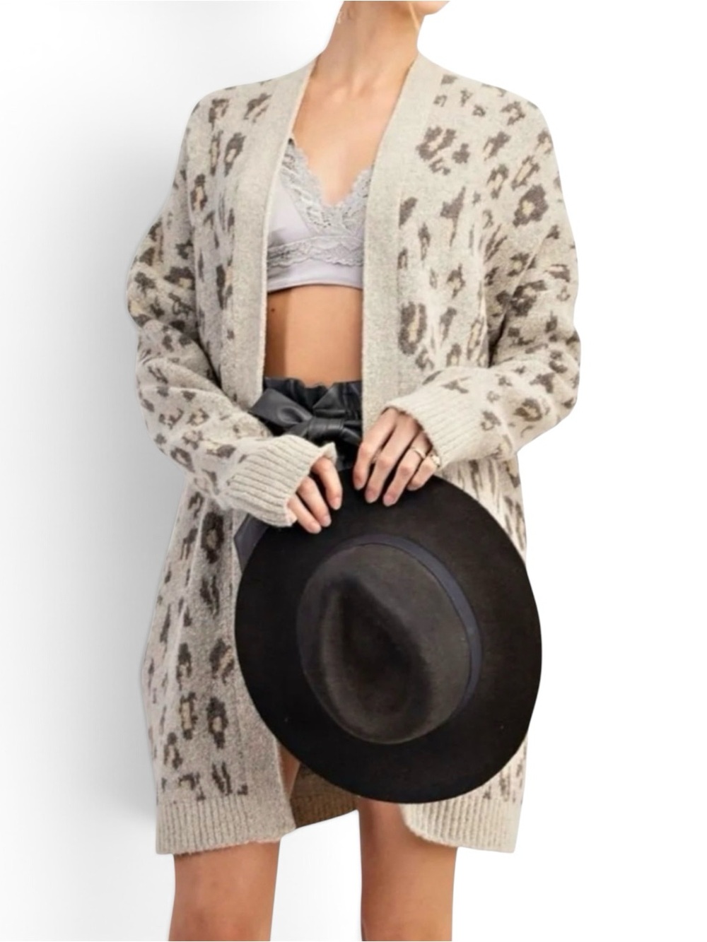 New Easel Leopard Knit Pattern Open Front Long Cardigan Sweater Gray Women Small - Picture 5 of 14